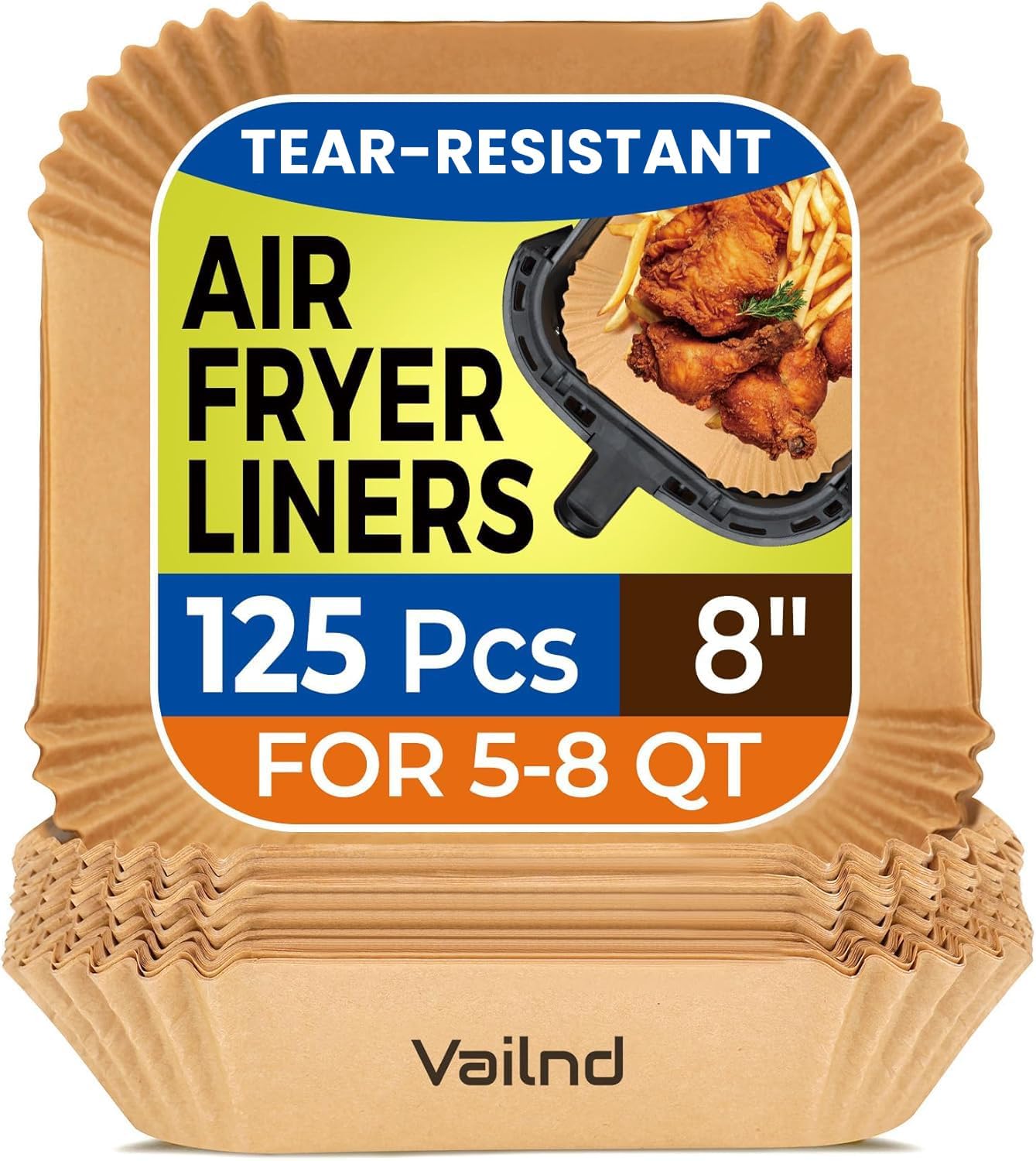 Air Fryer Paper Liners, 125Pcs Parchment Paper, Air Fryer Liners Disposable for Microwave, Non-Stick Air Fryer Liner Square Free of Bleach (8IN) - Sizing Dimensions
