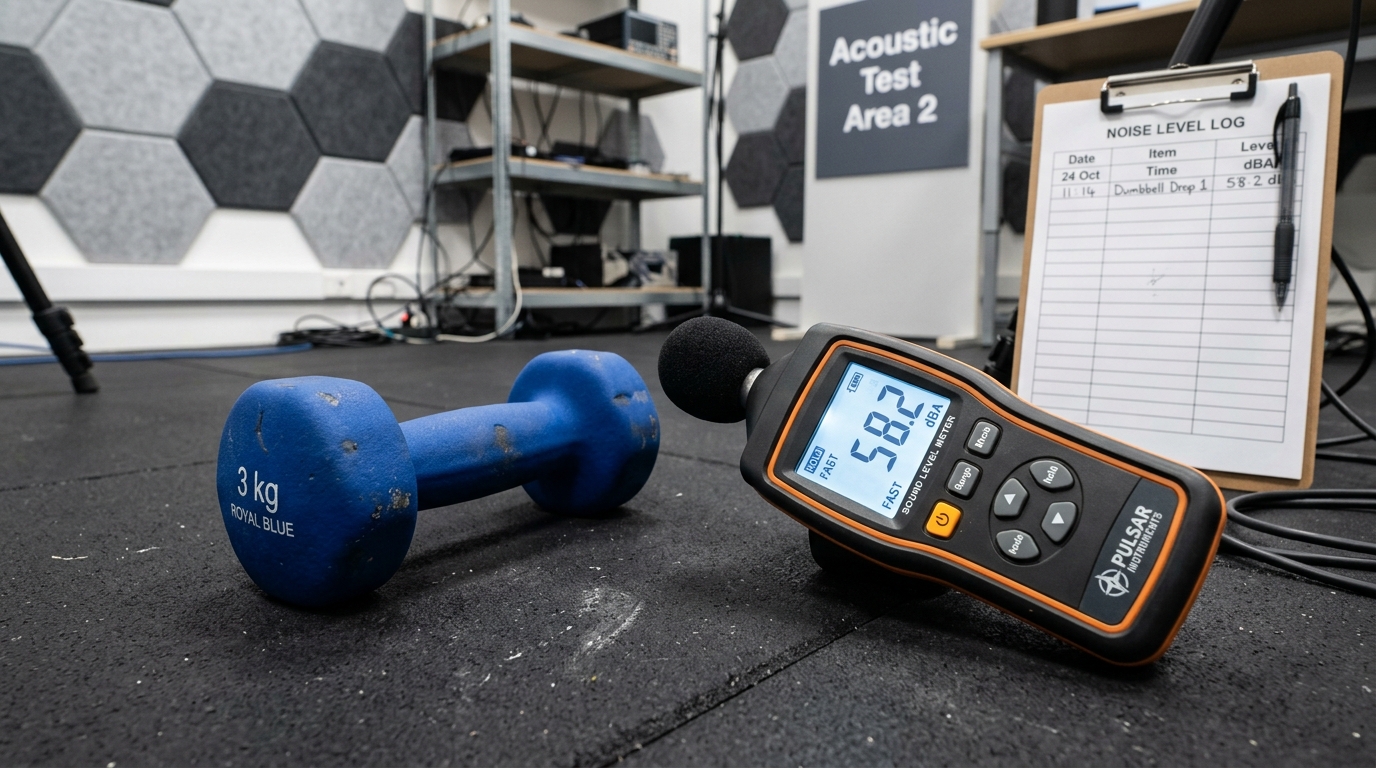 Sound level decibel meter logging 58.2 dBA next to dropped neoprene dumbbell on gym mat