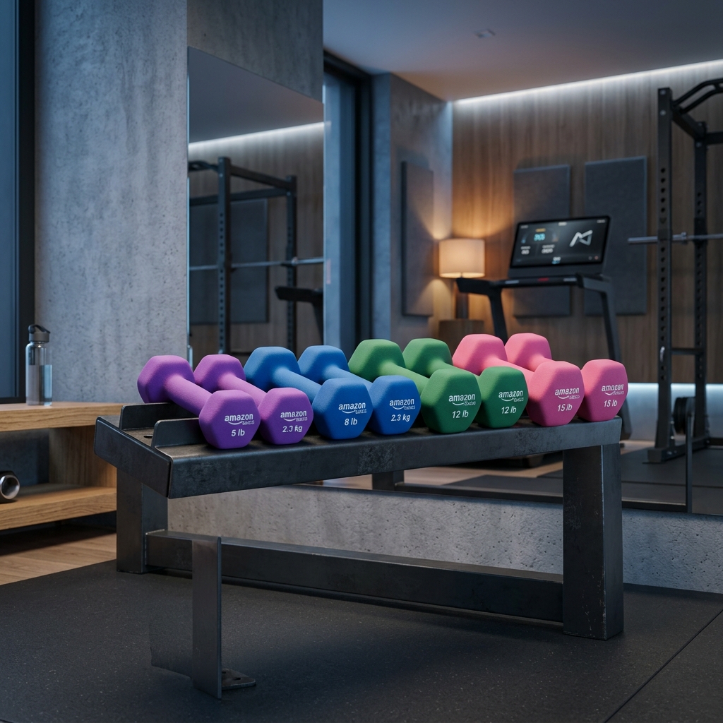 Aesthetic banner of multiple colorful Neoprene dumbbells lined up inside a steel rack