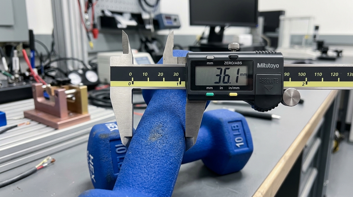 Digital caliper clamped around Amazon Basics neoprene dumbbell handle measuring 36.1 mm