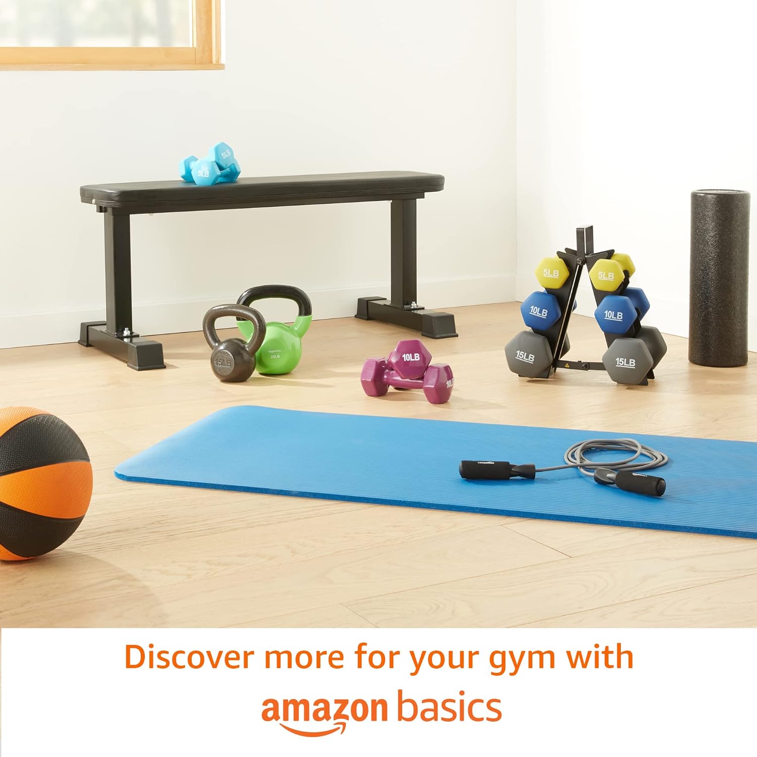 Amazon Basics Neoprene dumbbells neatly aligned on a home gym mat