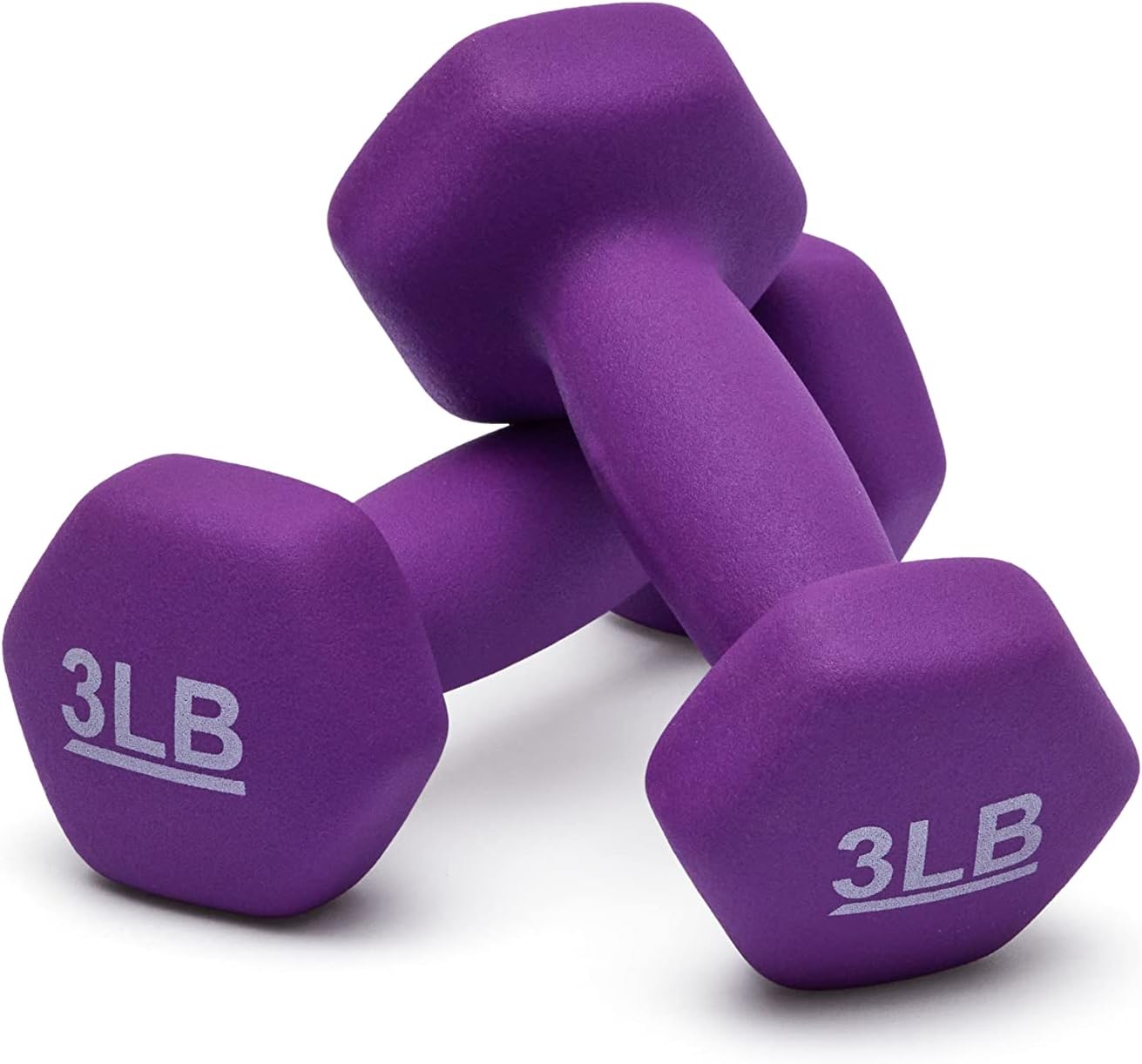 Amazon Basics Neoprene dumbbells pair in Purple showcasing hexagonal ends