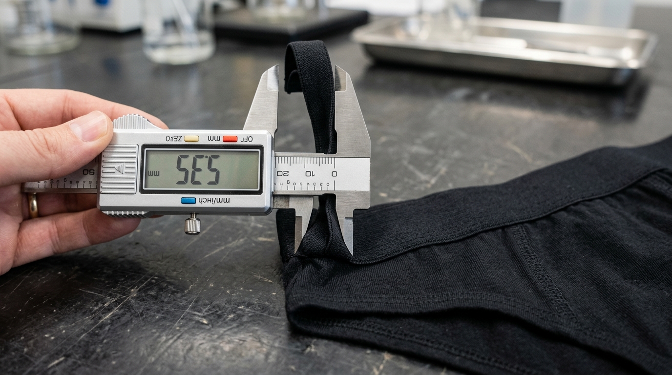 Digital vernier calipers measuring 6.35 mm leg elastic band on Amazon Essentials cotton underwear
