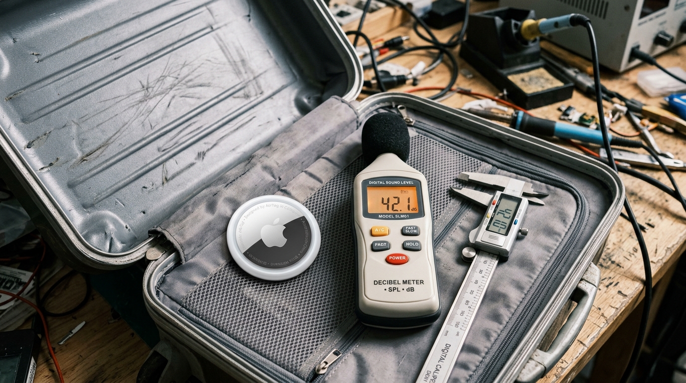 Decibel meter measuring 42.1 dB inside packed luggage with Apple AirTag