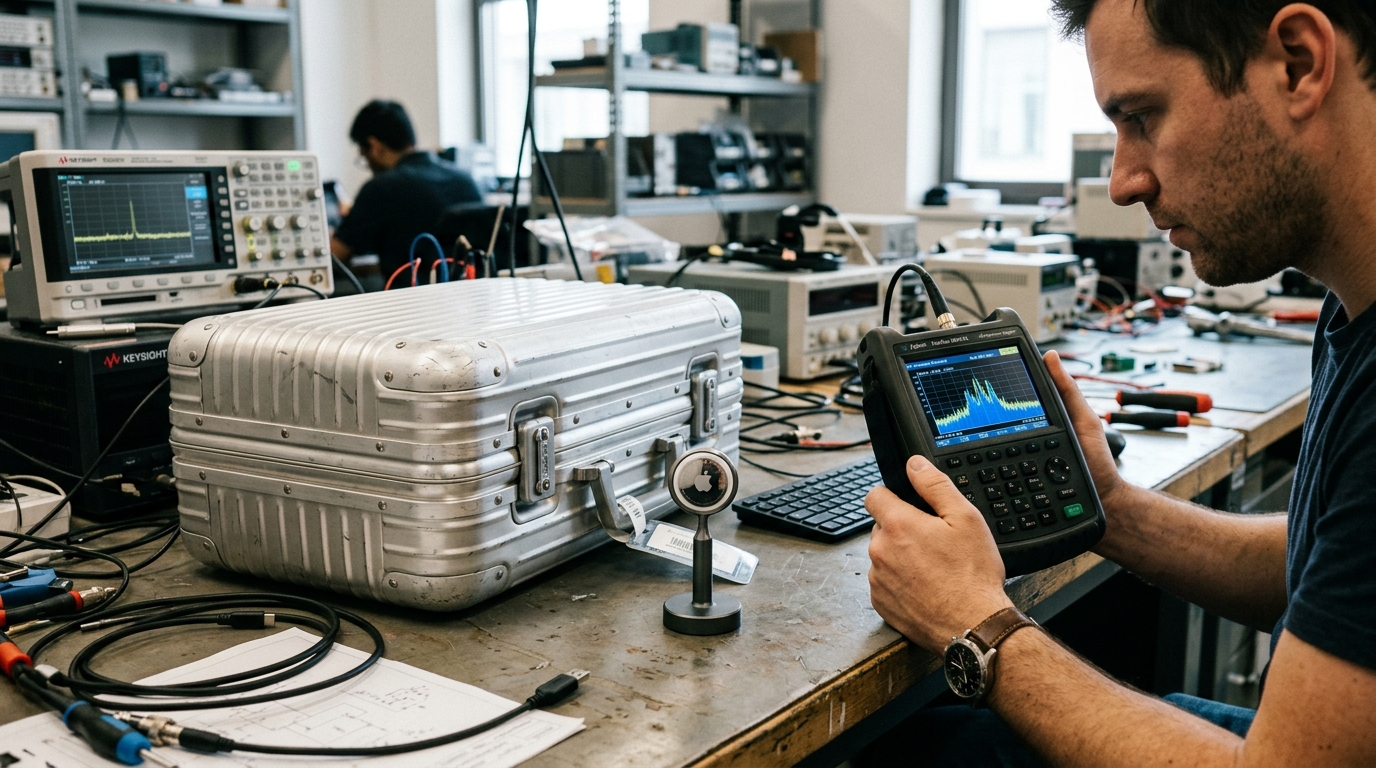 Apple AirTag RF Spectrum Analyzer Faraday Cage Test on Aluminum Luggage