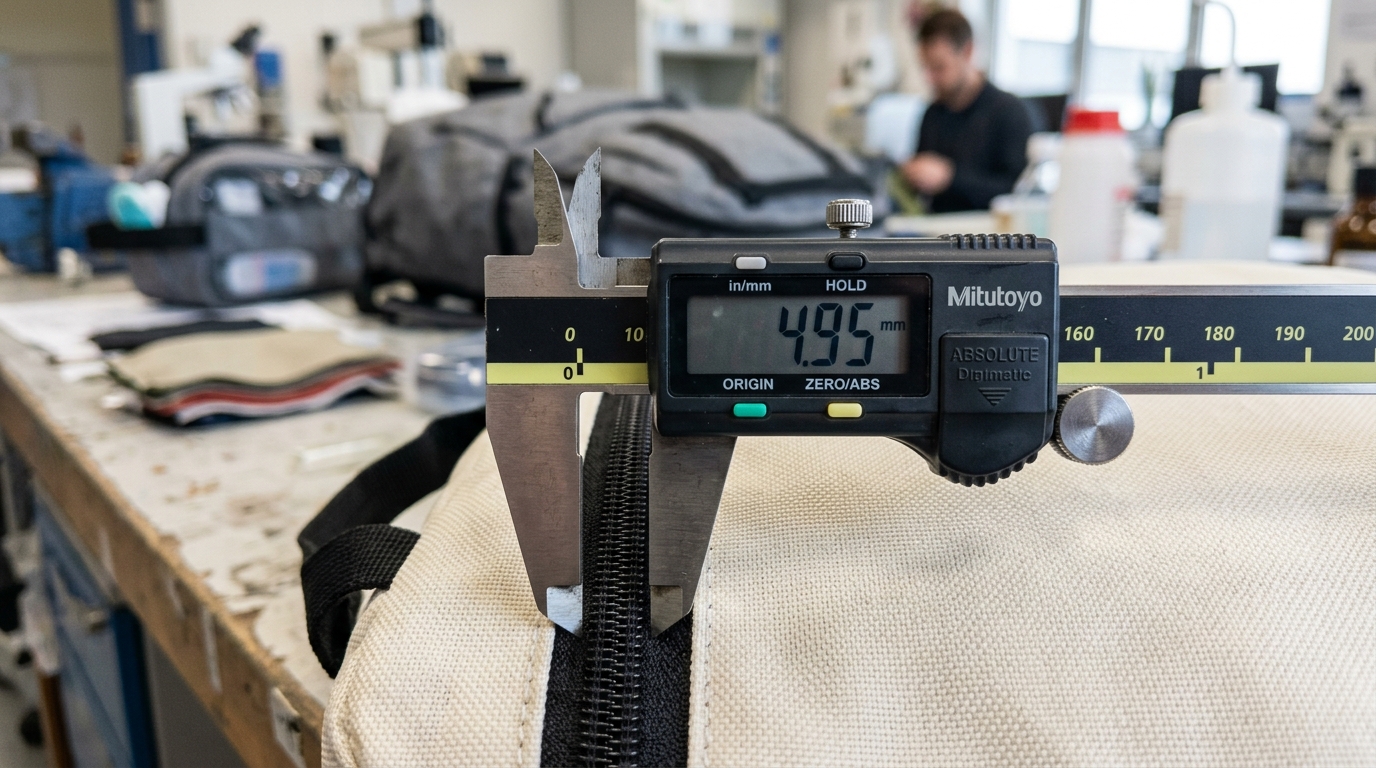 Mitutoyo Digital Caliper measuring 4.95mm on Bagail #5 nylon coil zipper