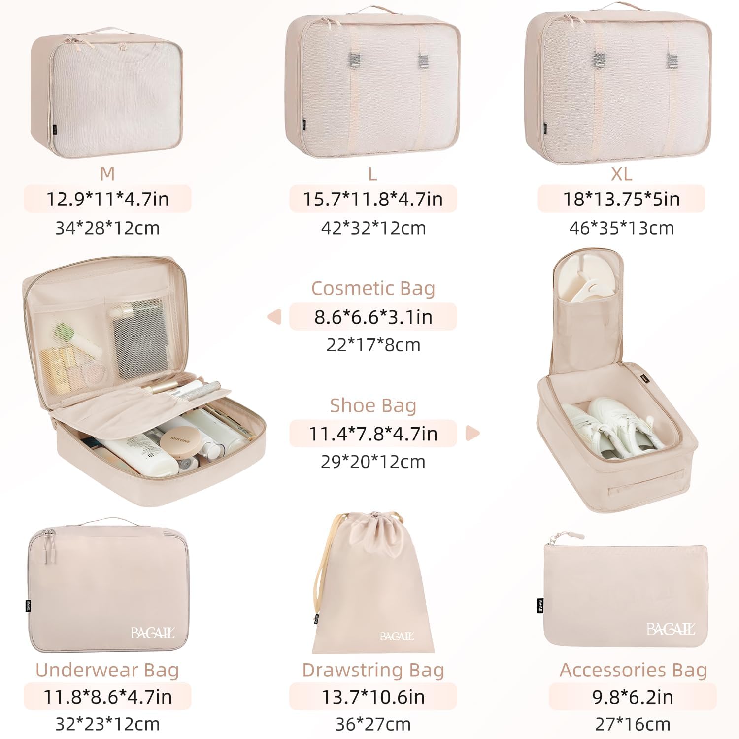 BAGAIL 8 Set Packing Cubes dimensions and sizing breakdown