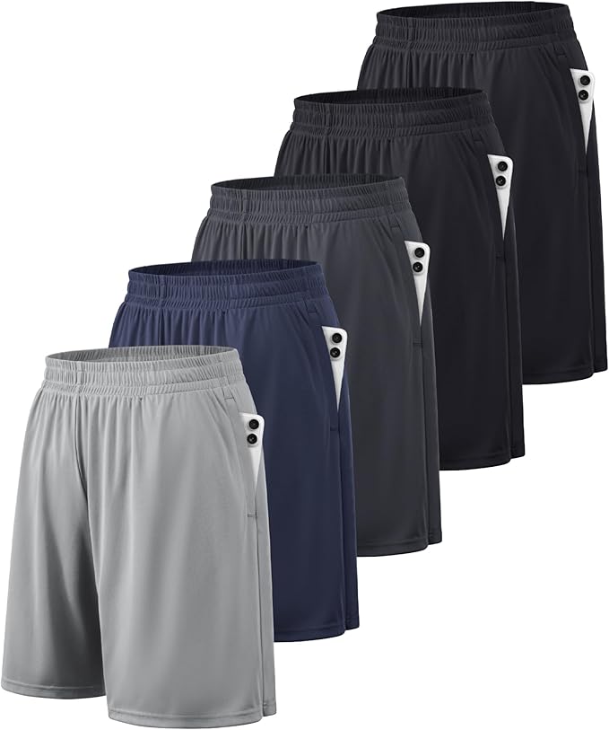 BALENNZ Athletic Shorts for Men with Pockets and Elastic Waistband Quick Dry Activewear - 5 Pack Multipack
