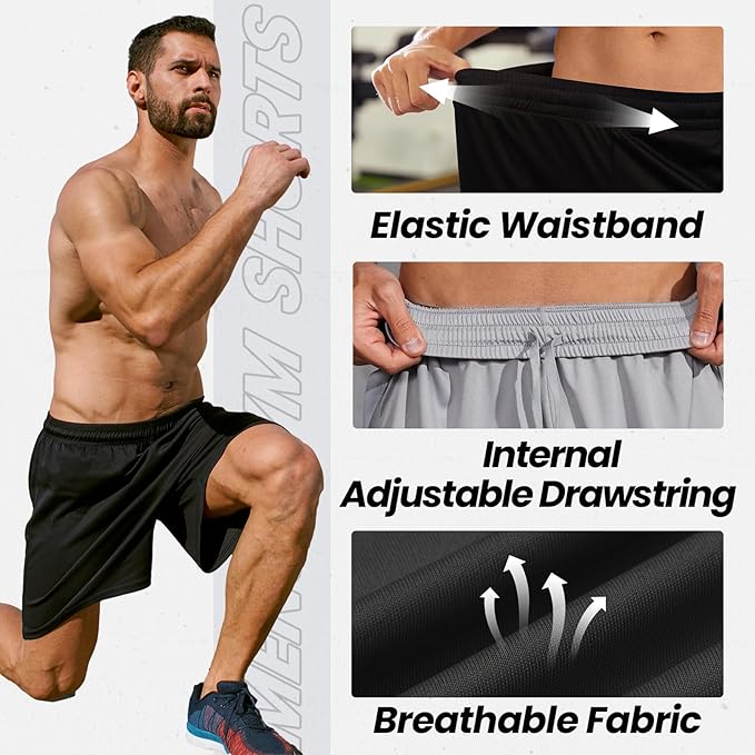 BALENNZ Athletic Shorts for Men with Pockets and Elastic Waistband Quick Dry Activewear - Front View Drawstring Waist Detail