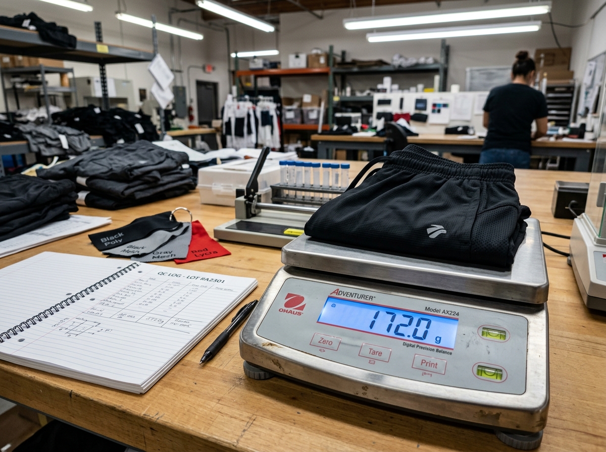 Figure 1.2: OHAUS digital precision balance weighing folded BALENNZ gym shorts at 172.0 grams