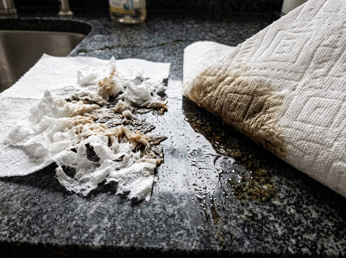 Macro side-by-side photograph of shredded generic paper towel vs intact Bounty sheet on grease
