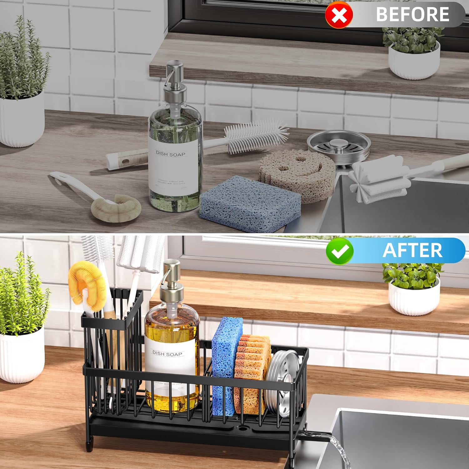 Kitchen countertop organization before and after with Cisily caddy