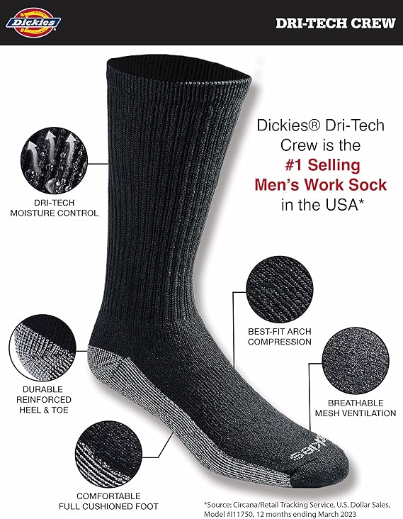 Dickies Men's Dri-Tech Essential Moisture Control Crew Socks, Available in M-XXL (6, 12 Pairs) tech view