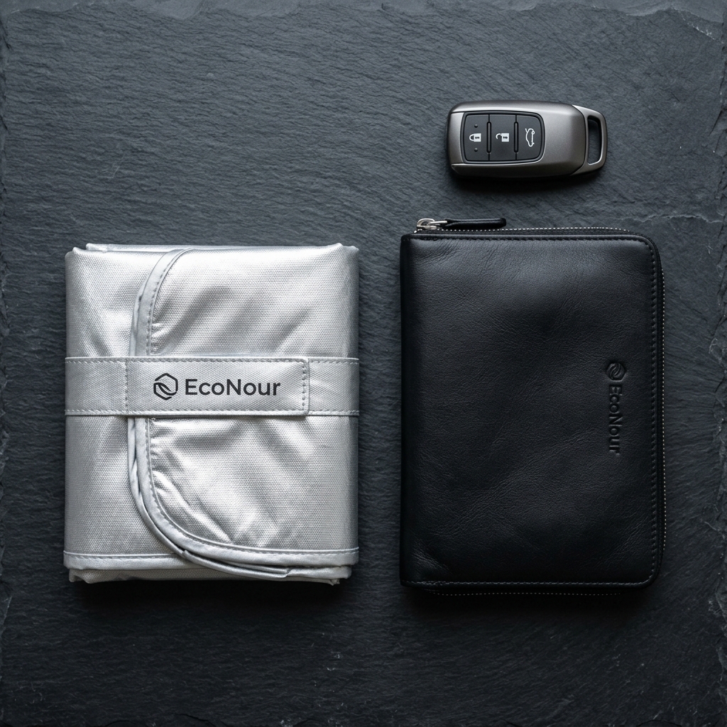 Aesthetic folded sunshade flatlay in leather storage pouch