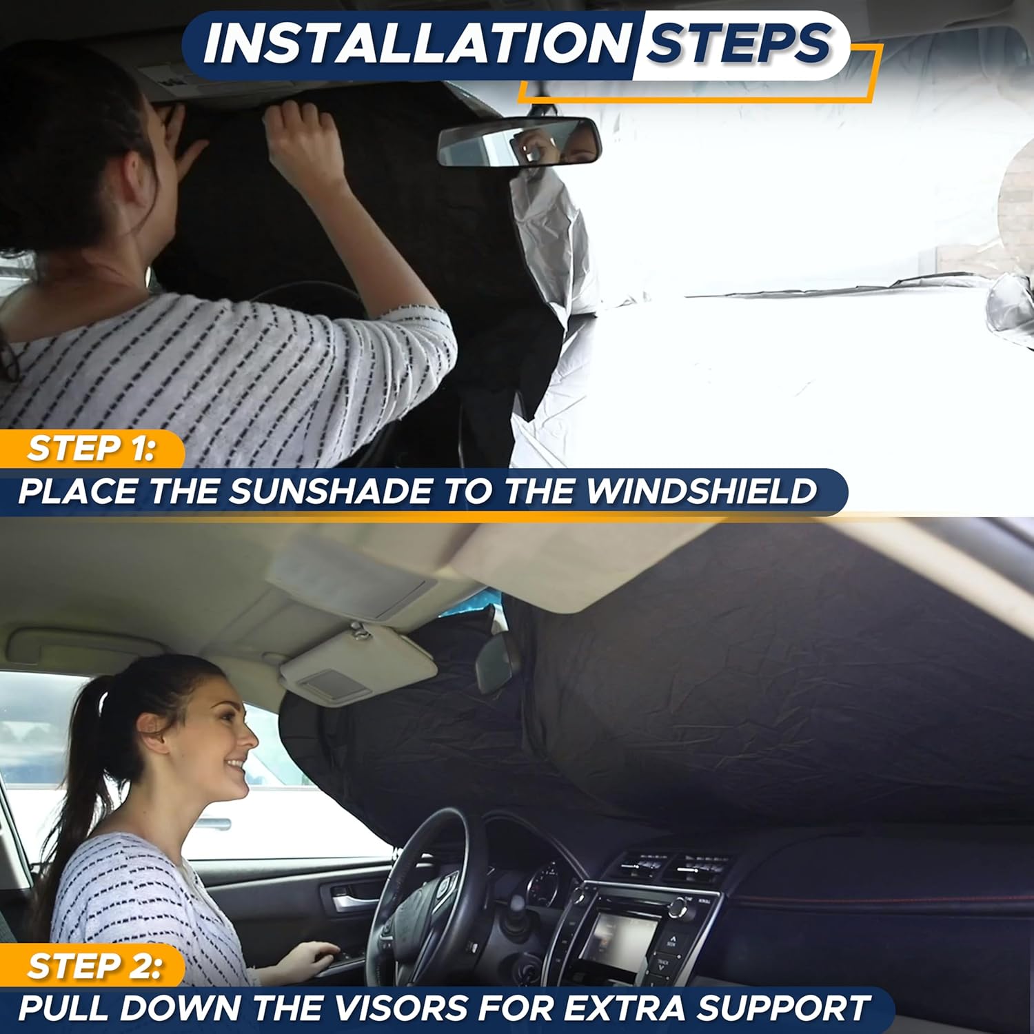 EcoNour Car Windshield Sunshade 3-step installation illustration