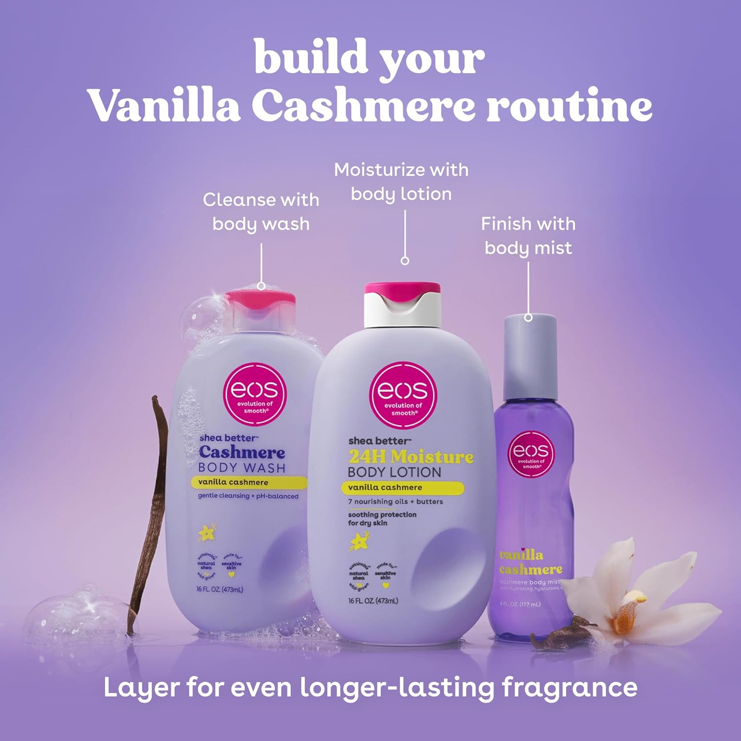 Applying eos Shea Better Body Lotion Vanilla Cashmere scent layering