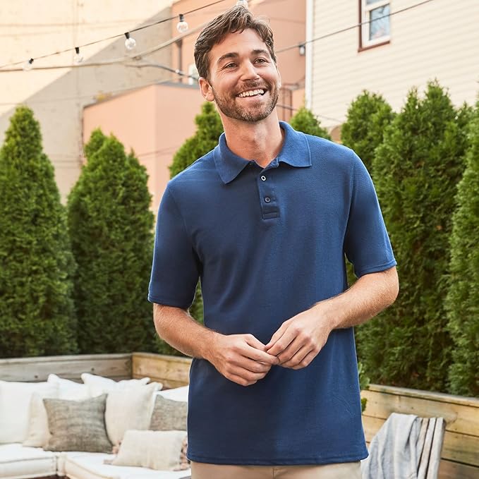 Detailed close up of Hanes Men’s X-Temp Short Sleeve Polo Shirt collar and pique weave fabric structure