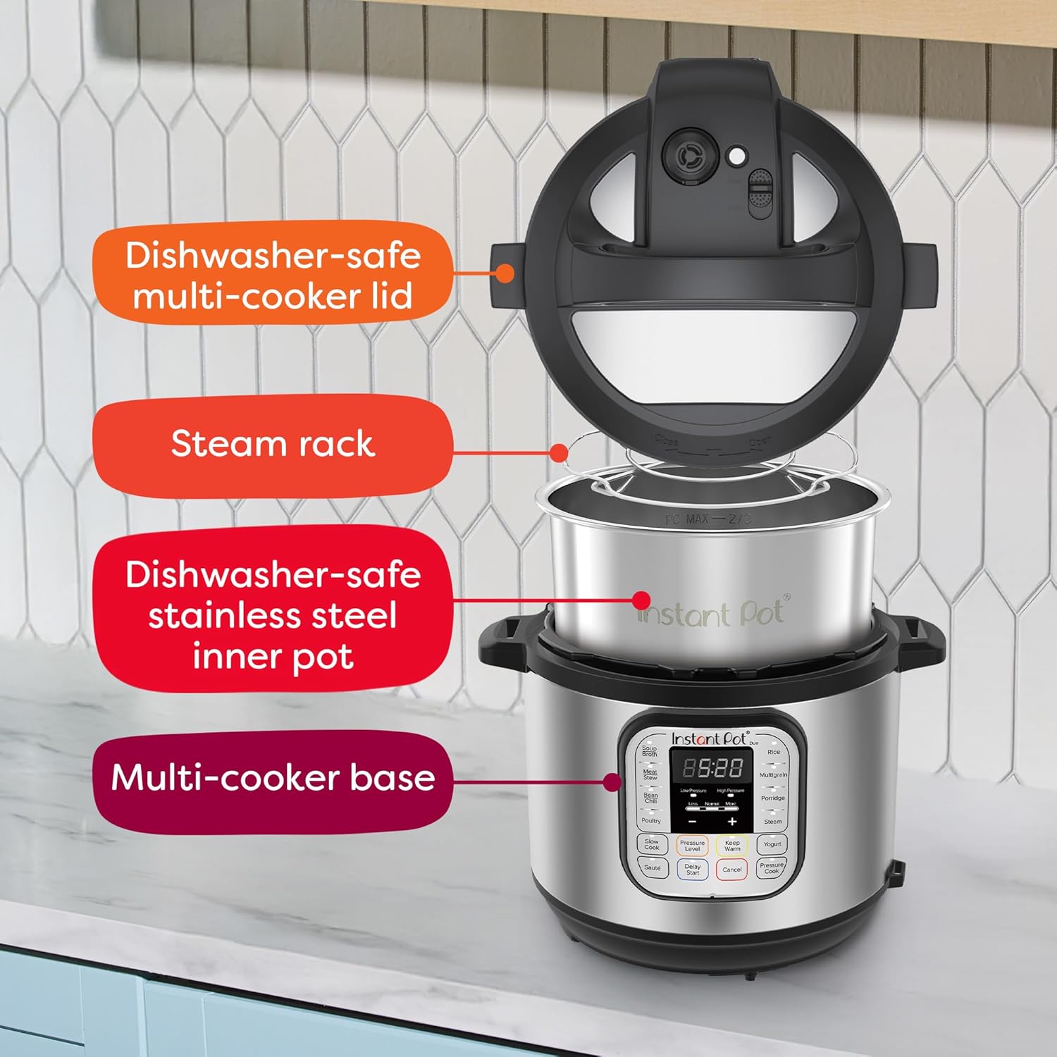 Instant Pot Duo 7-in-1 Electric Pressure Cooker, Slow Cooker, Rice, Steamer, Sauté, Yogurt Maker, Warmer & Sterilizer, Includes App With Over 800 Recipes, Stainless Steel, 6 Quart - Modern Kitchen Countertop Setup