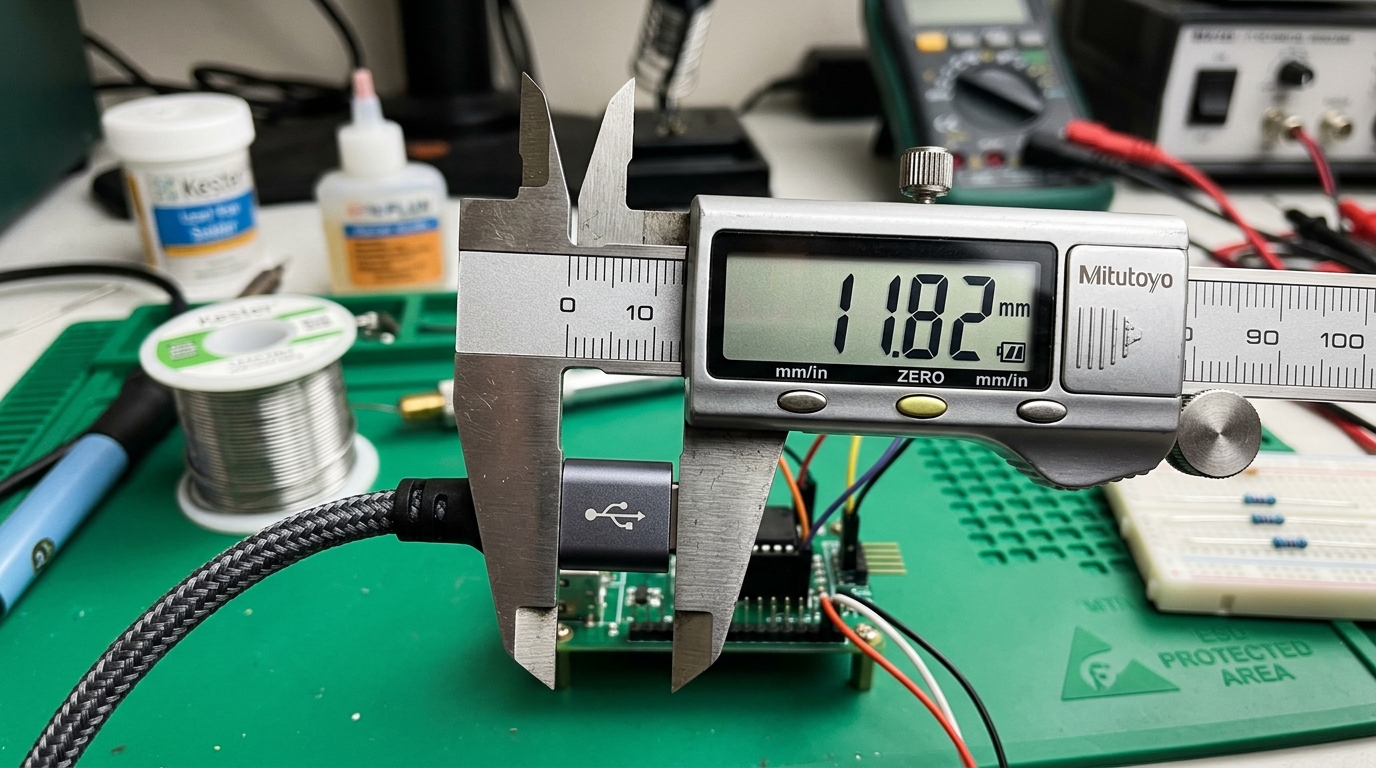 Mitutoyo digital vernier caliper measuring LISEN USB-C connector collar at exactly 11.82mm on workbench