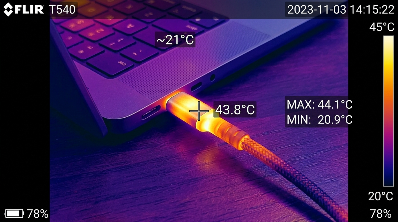 FLIR thermal camera imaging of LISEN 240W USB-C cable connector showing 43.8C hotspot under continuous high-wattage charging load