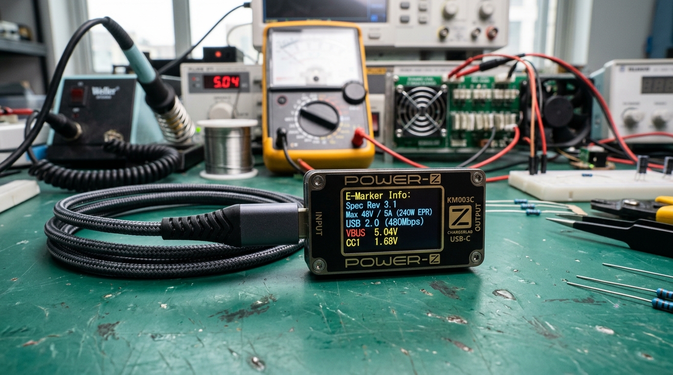 Power-Z KM003C tester displaying LISEN 240W E-Marker IC data: Spec Rev 3.1, Max 48V 5A 240W EPR, USB 2.0 480Mbps