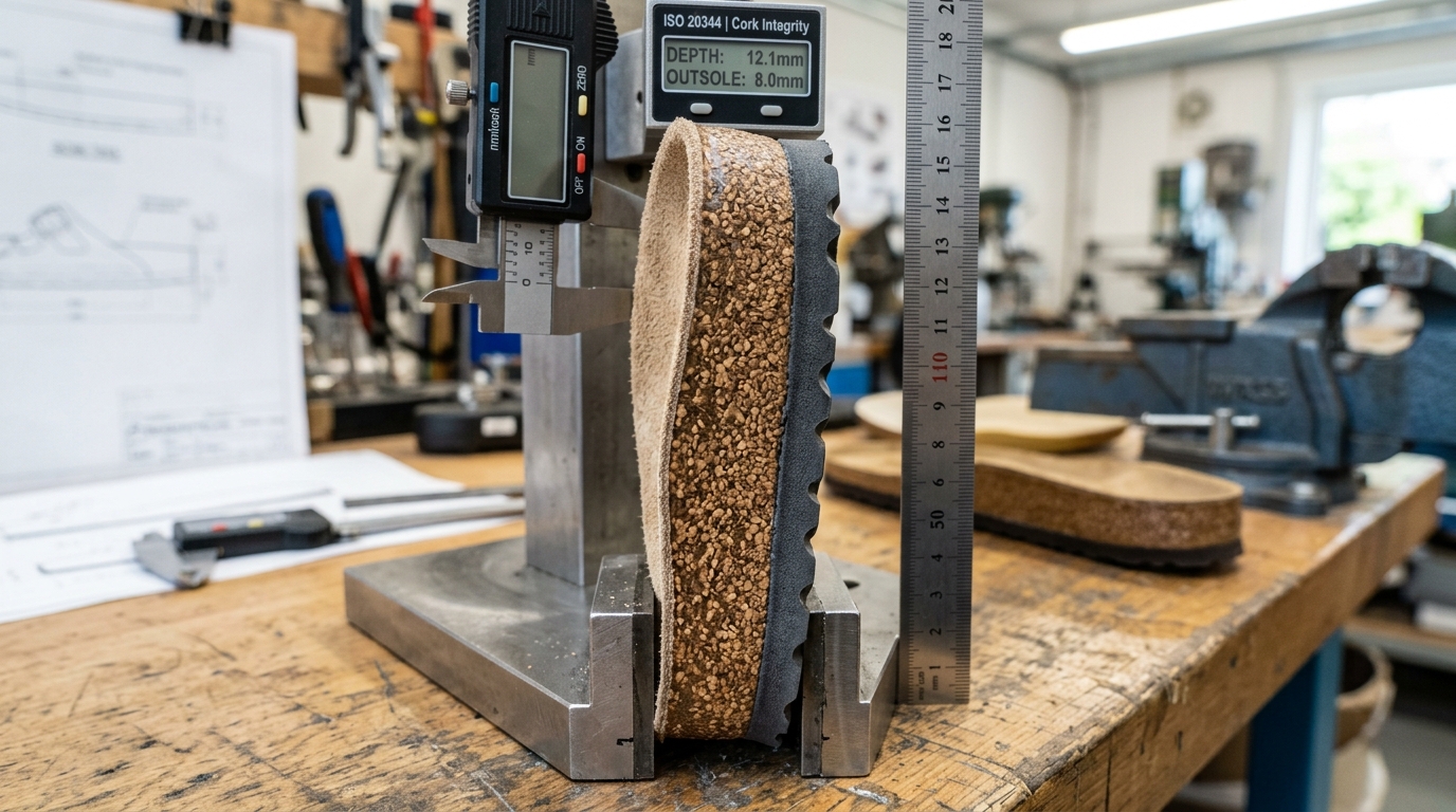 Cross Section Sole Teardown Showing 12.1mm Cork Core and 8mm EVA Tread