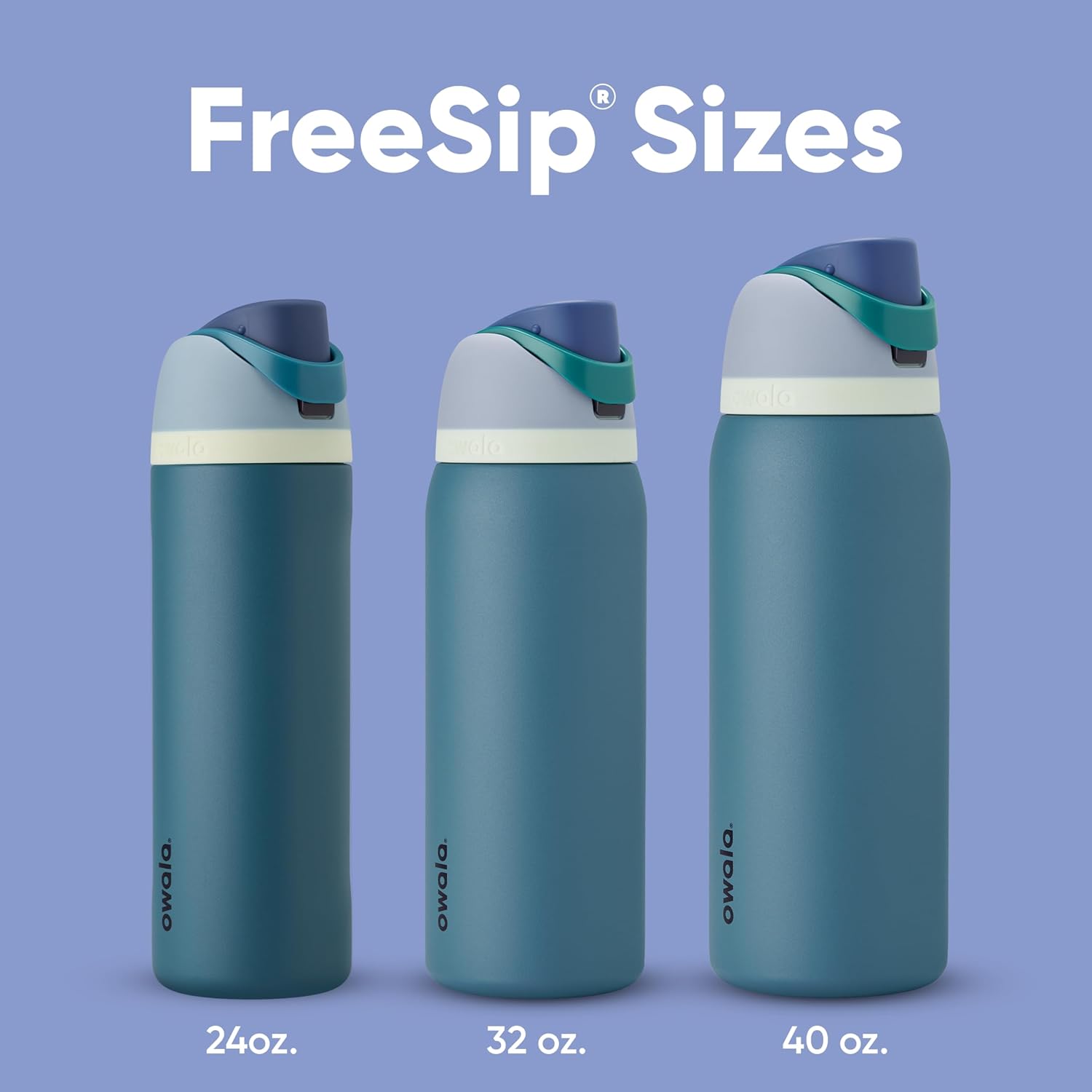 Owala FreeSip travel sizes comparison showcasing 24oz tapered design
