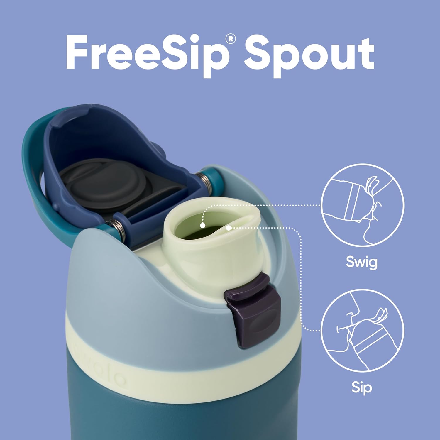 Close-up of patented Owala FreeSip dual sip swig spout