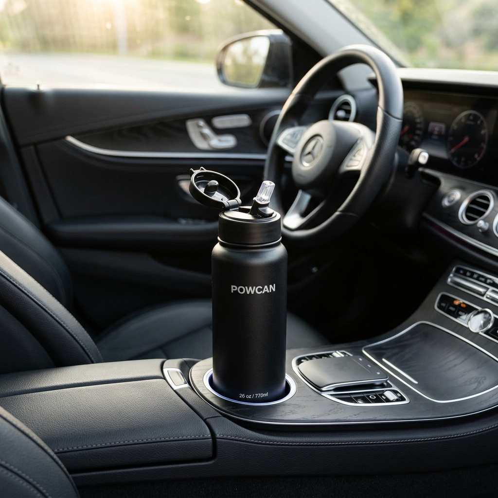 POWCAN 26 oz water bottle lifestyle cup holder view