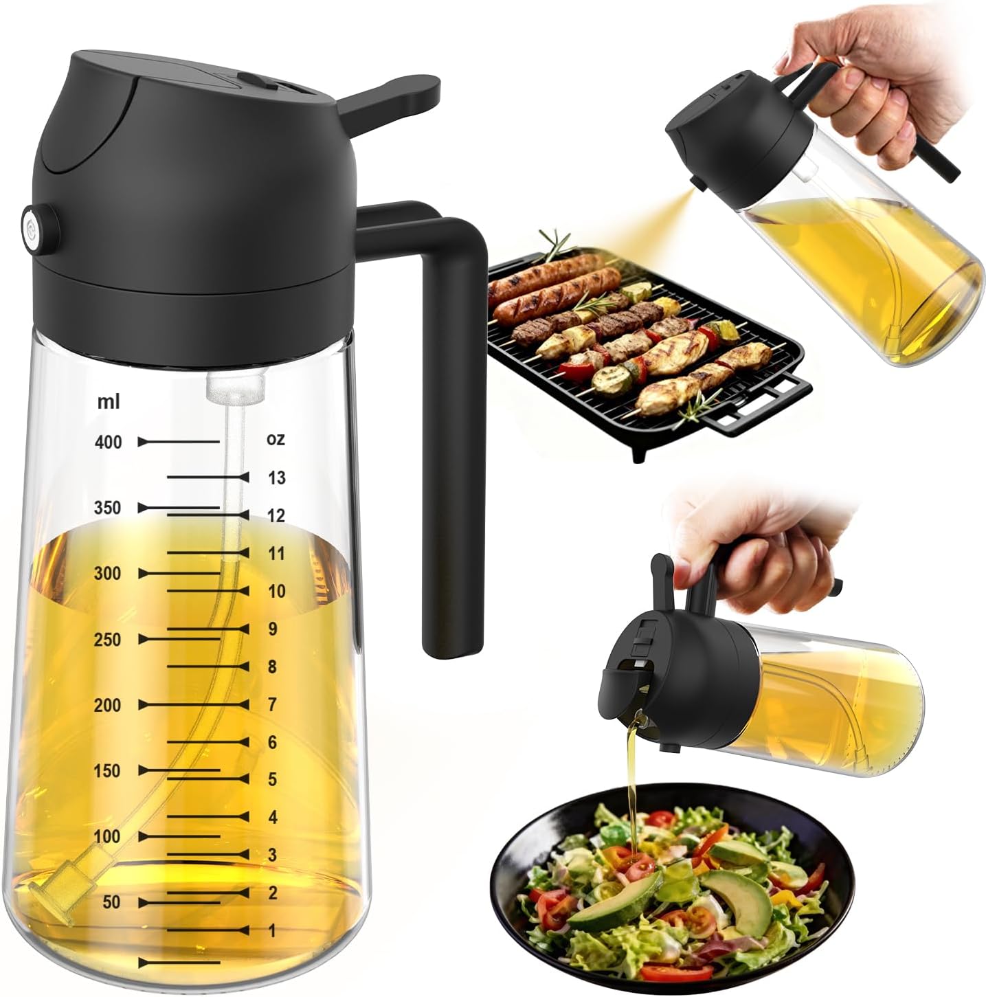 TrendPlain 16oz/470ml Glass Olive Oil Sprayer – 2 in 1 Olive Oil Dispenser Bottle structural assembly view