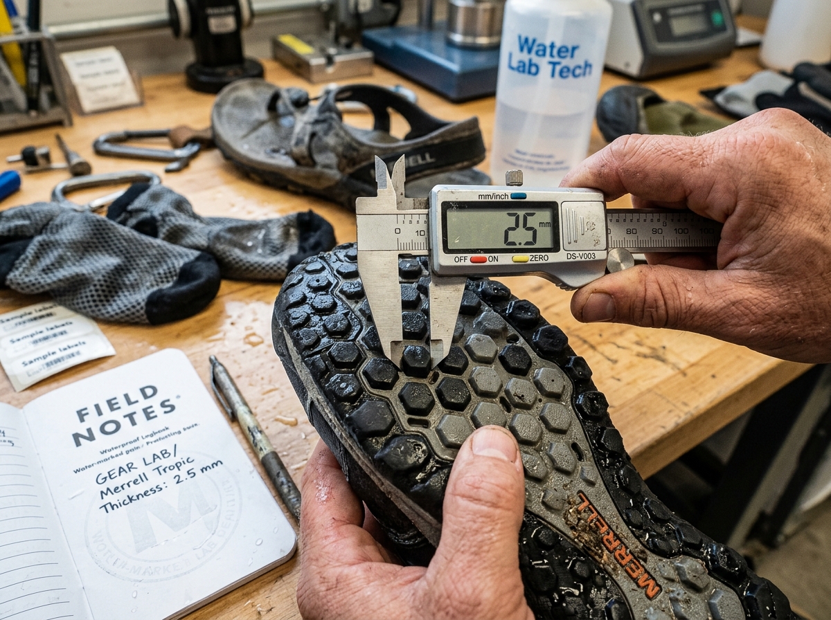 Vernier caliper measurement showing Athmile water shoe sole thickness of 2.5 mm