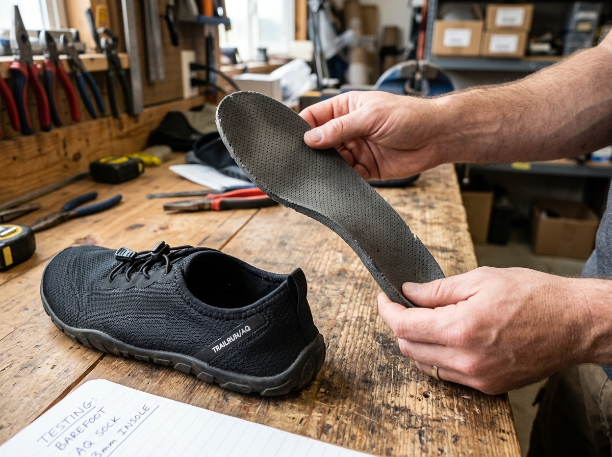 Teardown showing the loose unglued 3mm EVA foam insole pulled out of the Athmile shoe