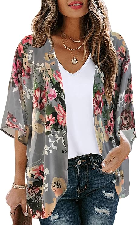 Casual denim and tank styling with floral kimono