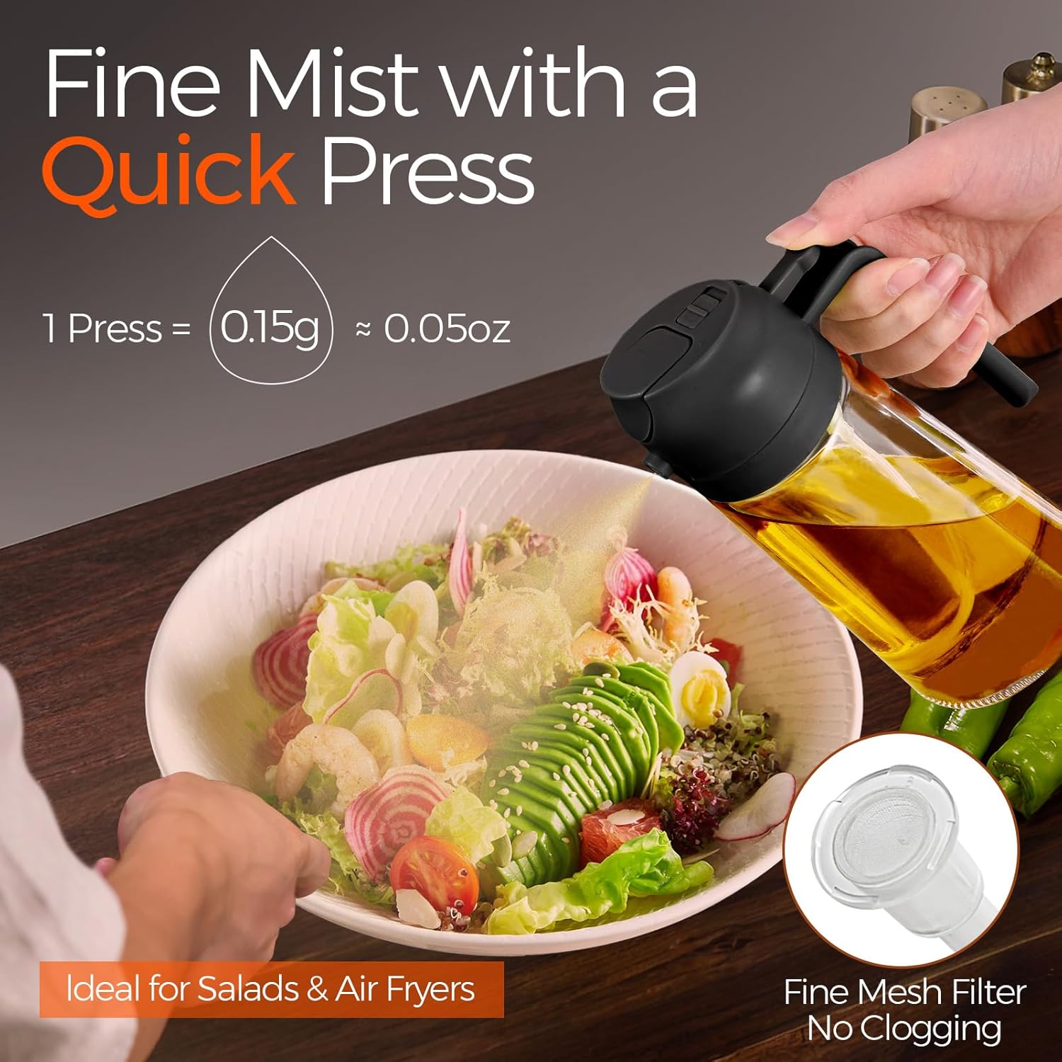 YARRAMATE 2-in-1 Glass Oil Sprayer Black Bottle showing spray and pour functionality