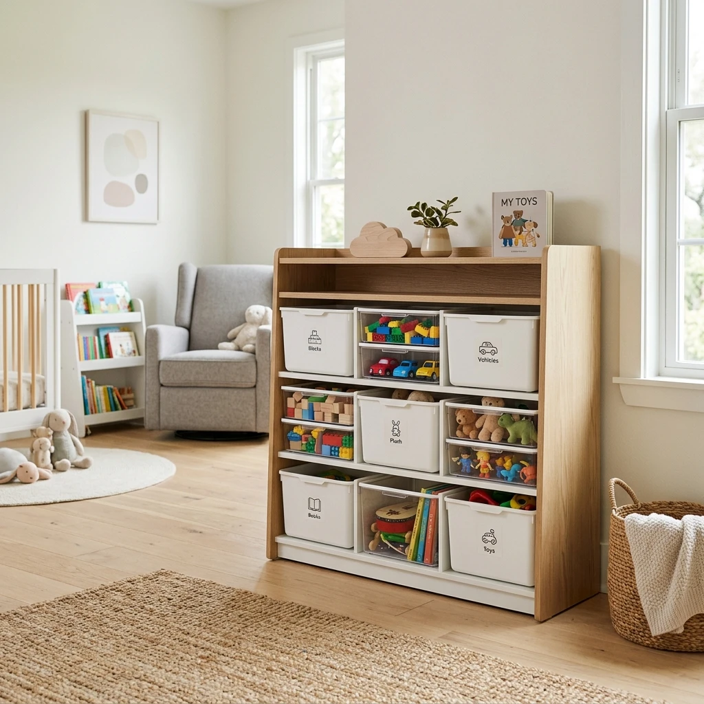 High-resolution diagram illustrating playroom toy storage organizer removable bins layout.