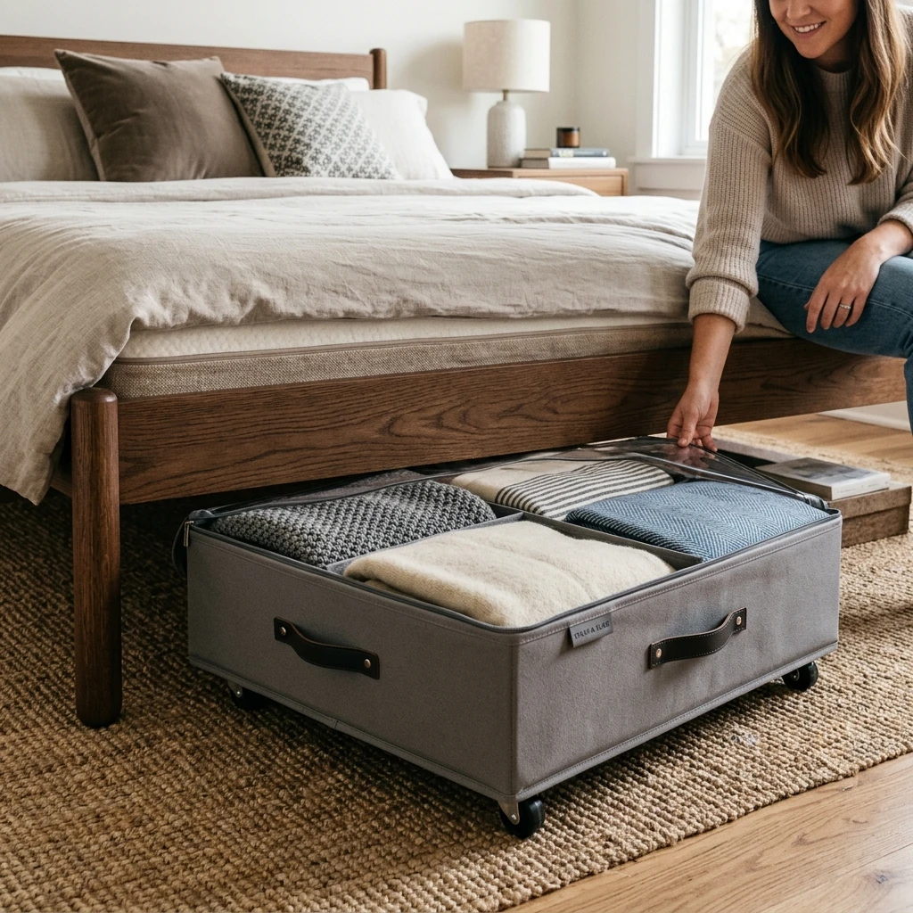 High-resolution diagram illustrating under-bed storage wheeled bins clear cover layout.