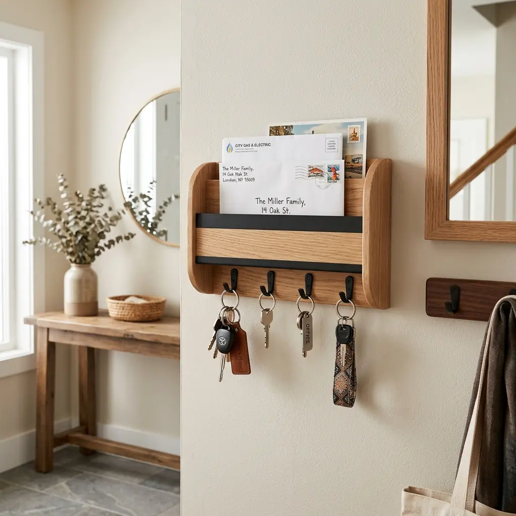 High-resolution diagram illustrating entryway wall-mounted mail box and key hooks setup.