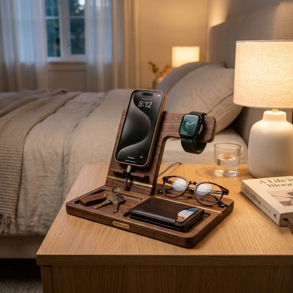 High-resolution diagram illustrating desktop nightstand phone charging organizer dock layout.