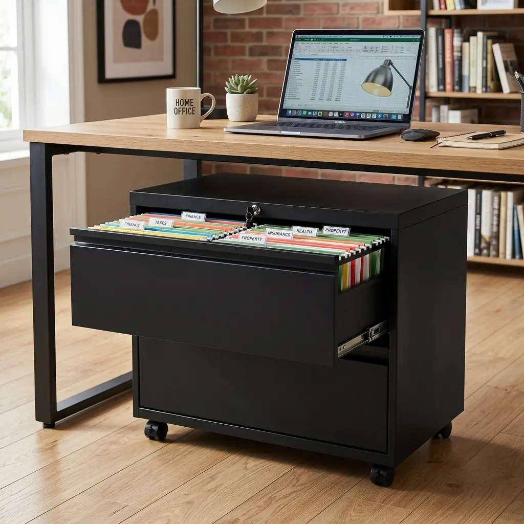 High-resolution diagram illustrating under desk rolling files storage cabinet security mechanism.