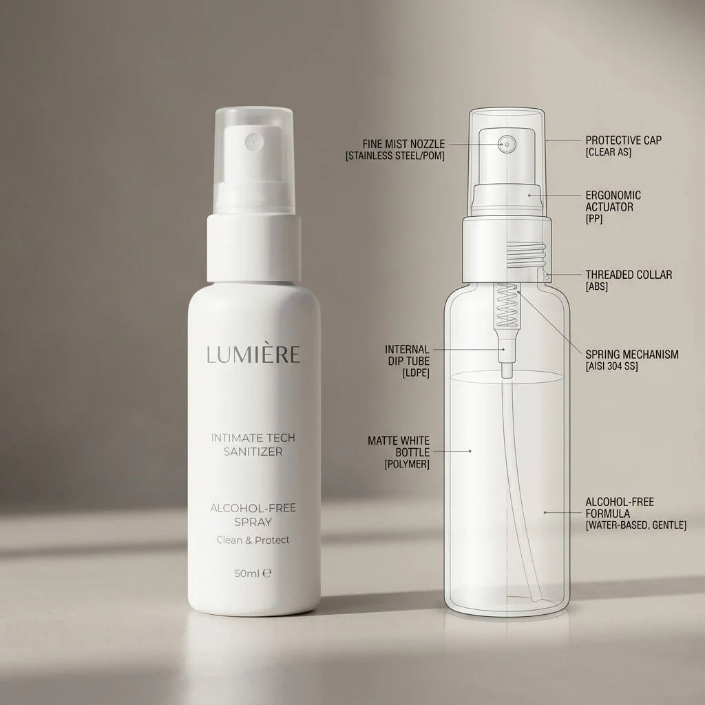 High-resolution diagram illustrating alcohol-free sanitizing cleaner for medical-grade silicone tech.