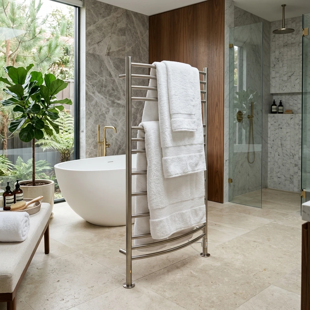 High-resolution diagram illustrating freestanding electric towel warmer with white fluffy towels.