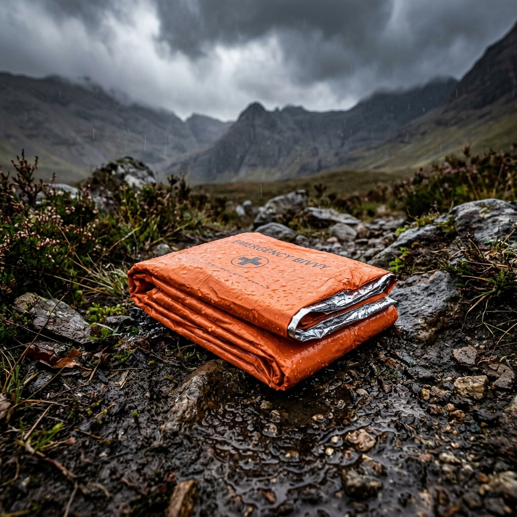 High-resolution diagram showing a thermal Mylar emergency bivvy bag reflecting body heat.