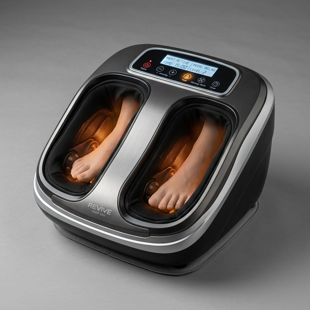 High-resolution photo illustration of an electric foot massager with heated Shiatsu chambers.