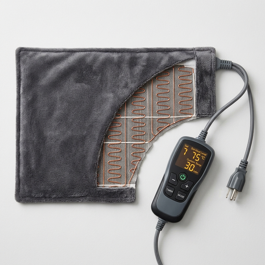 High-resolution photo illustration of an electric heating pad with digital remote.
