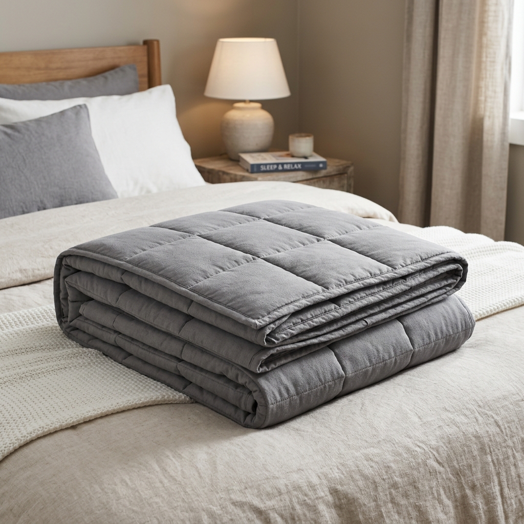 High-resolution photo illustration of a quilted weighted blanket with premium micro-glass beads.