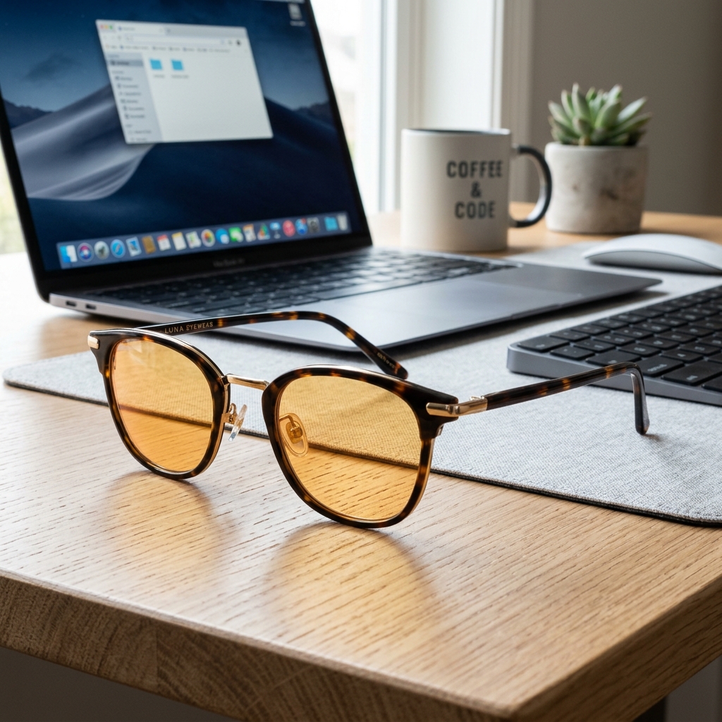 High-resolution photo illustration of blue light blocking computer glasses filtering screen wavelengths.